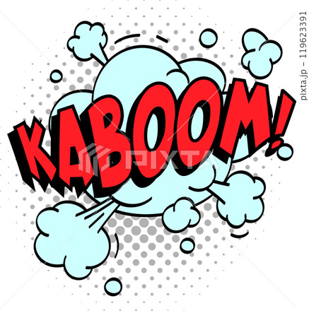Vibrant red comic book explosion bursts with smoke clouds and halftone dots, creating a dynamic impact on a white background 119623391