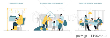 Family daily routine set. From commuting to work, reuniting at home, to dining together. Captures life's simple yet cherished moments. Vector illustration. 119623398