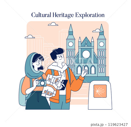 Cultural Heritage Exploration concept. Travelers embarking on a journey to iconic landmarks. Exploring history through architecture. Vector illustration. Cultural Heritage Exploration concept. Travelers embarking on a journey to iconic landmarks. Exploring history through architecture. Vector illustration. 119623427