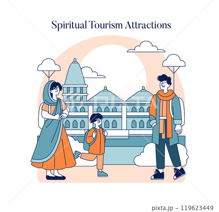 Pilgrimage concept. Family visits a sacred religious site for spiritual growth and harmony. Cultural heritage and tradition journey. Vector illustration. 119623449