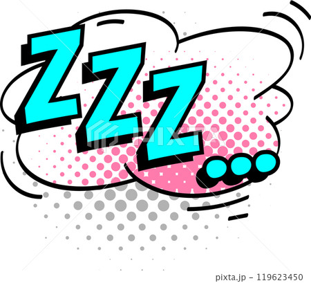 Comic pop art style sleeping sound effect with three z letters and a speech bubble with pink and gray halftone dots representing drowsiness, rest, and dreaming Comic pop art style sleeping sound effect with three z letters and a speech bubble with pink and gray halftone dots representing drowsiness, rest, and dreaming 119623450