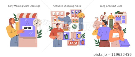 Black Friday set. Shoppers engage in early store openings, navigate crowded aisles, and wait in long checkout lines. Holiday shopping rush. Vector illustration. Black Friday set. Shoppers engage in early store openings, navigate crowded aisles, and wait in long checkout lines. Holiday shopping rush. Vector illustration. 119623459