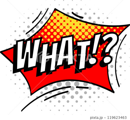 Bold comic style speech bubble with the word what. Expressing surprise, confusion, and disbelief, against a vibrant halftone background Bold comic style speech bubble with the word what. Expressing surprise, confusion, and disbelief, against a vibrant halftone background 119623463