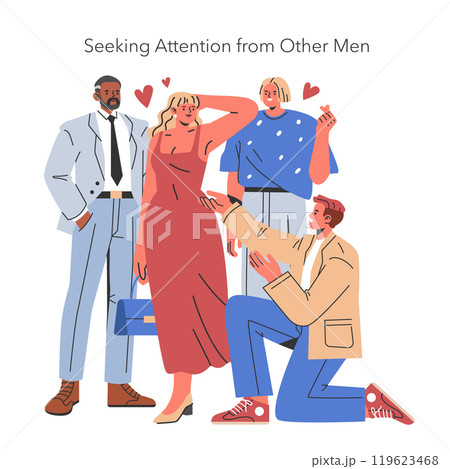 Infidelity concept. A woman receives admiration from multiple men, exploring themes of cheating and attention-seeking behavior in relationships. Vector illustration. 119623468