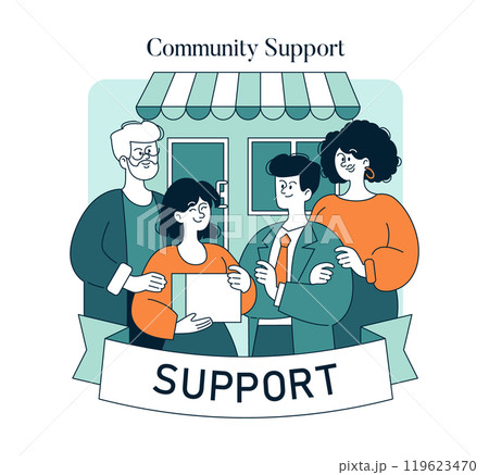 Small Business Saturday concept. Shoppers supporting local stores, boosting community economy. Neighbors encourage small-scale commerce. Vector illustration. Small Business Saturday concept. Shoppers supporting local stores, boosting community economy. Neighbors encourage small-scale commerce. Vector illustration. 119623470