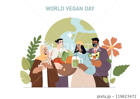 World Vegan Day concept. Diverse group celebrating plant-based lifestyle, promoting healthy eating and sustainability. Global unity for animal rights. Vector illustration. 119623472