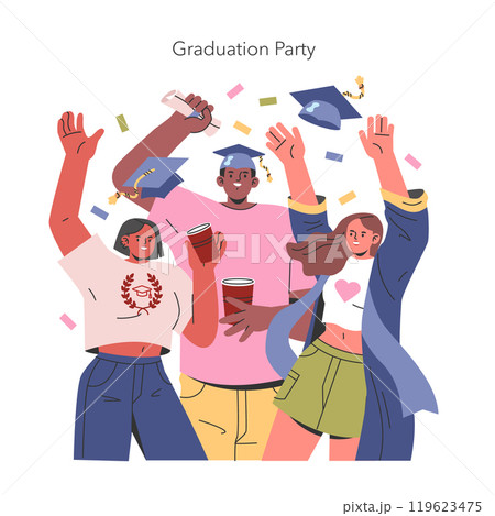Graduation party concept. Joyful diverse graduates celebrating academic success with confetti, caps, and drinks. End of school year celebration. Vector illustration. Graduation party concept. Joyful diverse graduates celebrating academic success with confetti, caps, and drinks. End of school year celebration. Vector illustration. 119623475