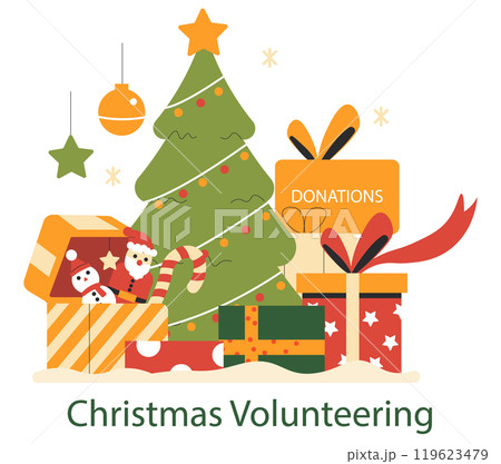 Christmas Volunteering concept. A festive illustration depicting holiday donations under a decorated tree. Charitable giving and seasonal joy captured in colorful gifts. Vector illustration. 119623479