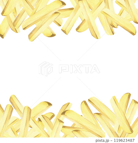 White potato slices, peeled, long french fry sticks, a bunch. Watercolor hand drawn illustration on the theme of harvesting, cooking, food, vegetable shop design. Composition isolated from background 119623487
