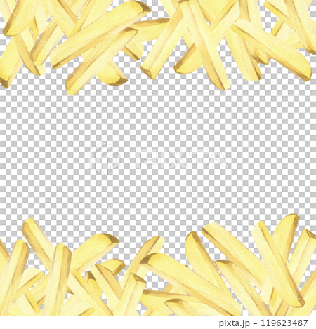 White potato slices, peeled, long french fry sticks, a bunch. Watercolor hand drawn illustration on the theme of harvesting, cooking, food, vegetable shop design. Composition isolated from background 119623487