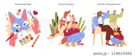 Quadrooners set. Creative expressions and familial interactions. Crafting, playful mimicry, and tender parent-child moments. Vector illustration. 119623488
