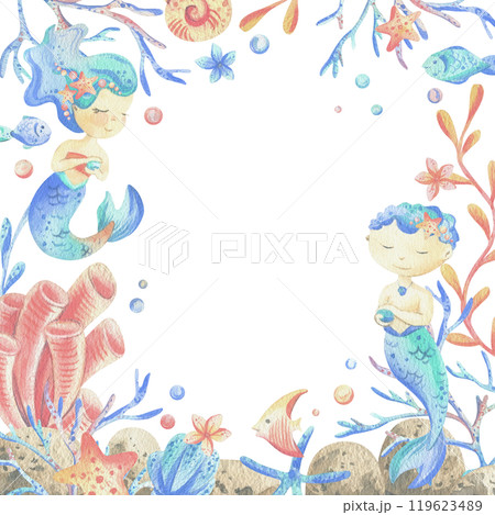 Mermaid little boy and girl with sea corals, algae, shells, starfish, fish, bubbles. Watercolor illustration hand drawn in coral, turquoise and blue colors. Square frame template 119623489