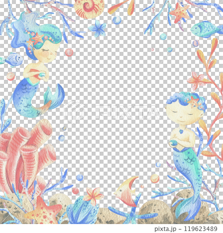 Mermaid little boy and girl with sea corals, algae, shells, starfish, fish, bubbles. Watercolor illustration hand drawn in coral, turquoise and blue colors. Square frame template 119623489
