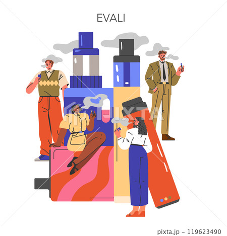 EVALI concept. Illustration depicting diverse people using e-cigarettes with ominous clouds. Health risks of vaping highlighted. Vector illustration. 119623490