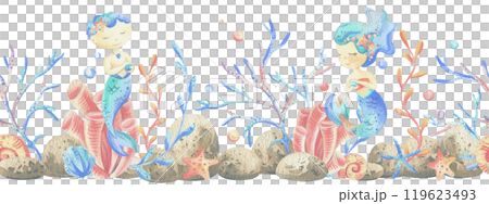 Mermaids is a little girls and boys with fish, seashell, corals, algae, starfish. Watercolor illustration hand drawn pastel colors coral and blue. Seamless board isolated from background 119623493