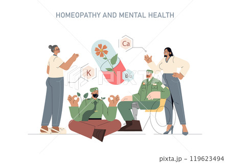 Homeopathy concept. Natural remedies supporting mental health, illustrated by a diverse group of people and a capsule with herbs. Vector illustration. 119623494