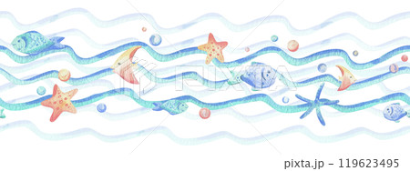 Sea waves, various fish, starfish, shells and bubbles. Hand drawn watercolor illustration in blue and coral colors. Seamless borders, childish, cute, gentle simple for textiles and nursery decoration 119623495