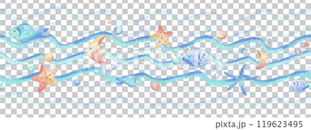 Sea waves, various fish, starfish, shells and bubbles. Hand drawn watercolor illustration in blue and coral colors. Seamless borders, childish, cute, gentle simple for textiles and nursery decoration 119623495