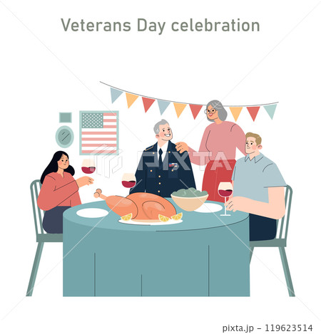 Salute to the Veteran concept. A family honors a military officer with a festive meal, embodying respect and gratitude. Patriotism, unity, and celebration. Vector illustration. Salute to the Veteran concept. A family honors a military officer with a festive meal, embodying respect and gratitude. Patriotism, unity, and celebration. Vector illustration. 119623514