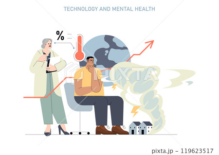 Psychology concept. Exploring the effects of technology on mental well-being with stress indicators and brain patterns. Vector illustration. Psychology concept. Exploring the effects of technology on mental well-being with stress indicators and brain patterns. Vector illustration. 119623517