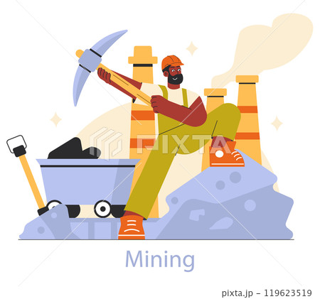 Mining profession concept. An illustration of a miner with a pickaxe at a mining site with industrial chimneys in the background. Vector illustration. Mining profession concept. An illustration of a miner with a pickaxe at a mining site with industrial chimneys in the background. Vector illustration. 119623519