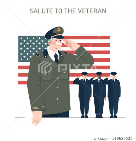 Veteran's Day tribute illustration. A senior military officer saluting, with soldiers honoring him against an American flag backdrop. Vector illustration. 119623526