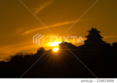夕焼けに染まる空と唐津城の模擬天守 夕焼けに染まる空と唐津城の模擬天守 119623606