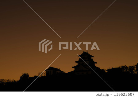 夕焼けに染まる空と唐津城の模擬天守 夕焼けに染まる空と唐津城の模擬天守 119623607