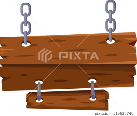 Two weathered wooden planks hanging from metal chains, providing a rustic backdrop for customized messages or announcements Two weathered wooden planks hanging from metal chains, providing a rustic backdrop for customized messages or announcements 119623740