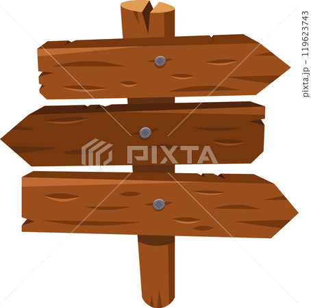 Three weathered wooden planks are nailed to a post, creating a rustic signpost with arrows pointing left, right, and forward, ready for personalized directions or messages 119623743