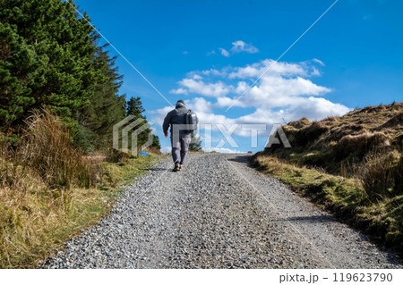 The blue water supply pipe coming from of Lough Anna, the drinking water supply for Glenties and Ardara - County Donegal, Ireland - Carnaween in the background 119623790