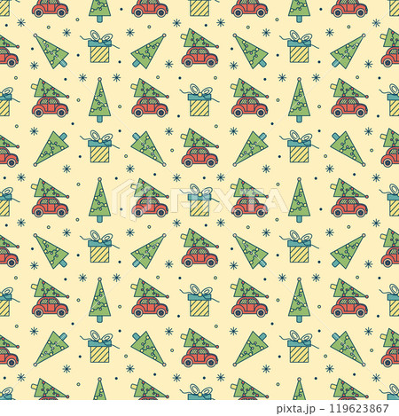 Christmas seamless pattern of Christmas car and Christmas trees. Colorful pattern for festive wrapping paper, children's clothing, textiles Christmas seamless pattern of Christmas car and Christmas trees. Colorful pattern for festive wrapping paper, children's clothing, textiles 119623867