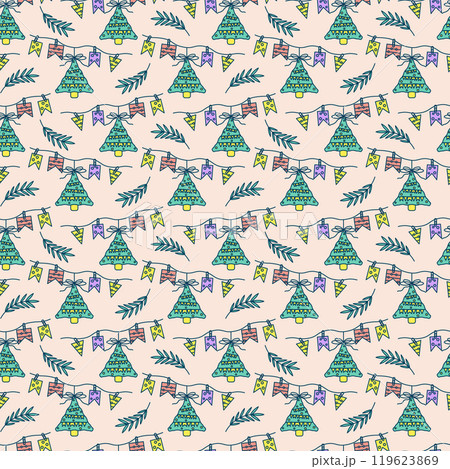 Christmas seamless pattern Christmas tree, festive garland flags . Colorful pattern for wrapping paper, clothes, textiles, stylish print. Vector Christmas seamless pattern Christmas tree, festive garland flags . Colorful pattern for wrapping paper, clothes, textiles, stylish print. Vector 119623869