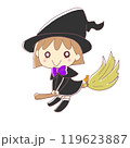 ハロウィンの夜にほうきにのって飛んでいる魔女 119623887