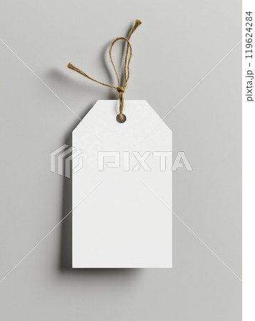 A white rectangular tag mockup, hanging on a string, on a solid background. A white rectangular tag mockup, hanging on a string, on a solid background. 119624284