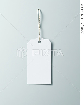 A white rectangular tag mockup, hanging on a string, on a solid background. 119624304