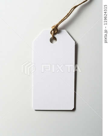 A white rectangular tag mockup, hanging on a string, on a solid background. A white rectangular tag mockup, hanging on a string, on a solid background. 119624315