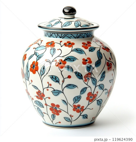 Modern design decorative ceramic jar, isolated on pure white background. 119624390