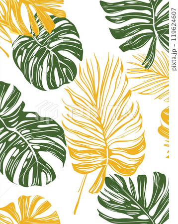 A pattern of green and yellow tropical monstera leaves is printed on a white background. 119624607