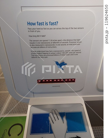 San Jose, California, USA - 09.11.2023: Intel Museum of the Robert Noyce Building at the Intel Corporation in Santa Clara, California. Exhibits of technology in the museum. 119624650