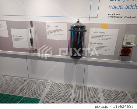 San Jose, California, USA - 09.11.2023: Intel Museum of the Robert Noyce Building at the Intel Corporation in Santa Clara, California. Exhibits of technology in the museum. 119624653