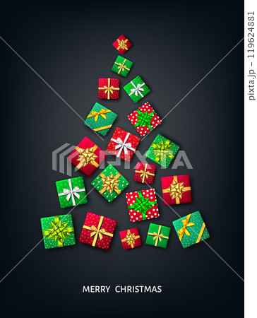 Christmas tree shaped gift boxes with bow. Christmas tree shaped gift boxes with bow. 119624881