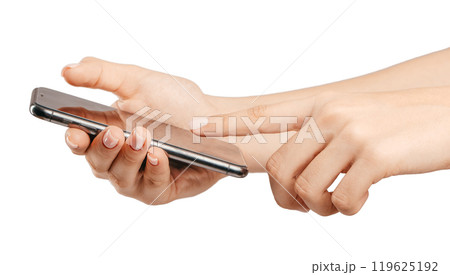 hand and phone isolated on white background. A person is holding a cell phone and pointing at the screen hand and phone isolated on white background. A person is holding a cell phone and pointing at the screen 119625192