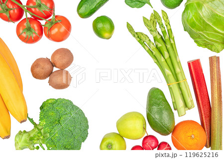 Different fresh fruits and vegetables. Healthy clean vegan eating, set isolated on white, top view 119625216