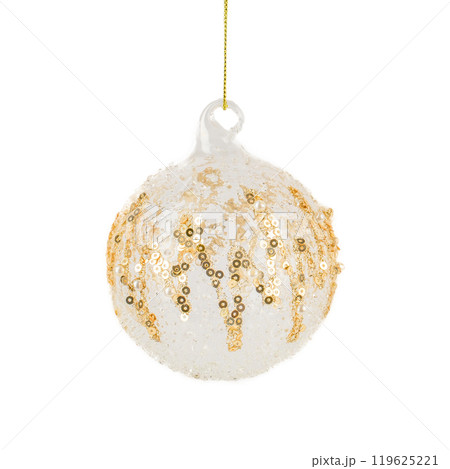 Christmas balls mockup. glittering white Christmas ornament with gold detailing isolated on white background Christmas balls mockup. glittering white Christmas ornament with gold detailing isolated on white background 119625221