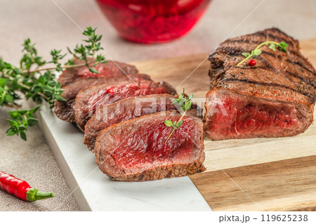 sliced beef steak Medium Rare. Restaurant menu, dieting, cookbook recipe top view sliced beef steak Medium Rare. Restaurant menu, dieting, cookbook recipe top view 119625238