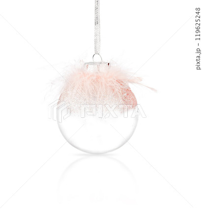 Transparent glass Christmas ball with with pink feathers and sparkles isolated on white Holiday decoration Festive christmas tree toy 119625248