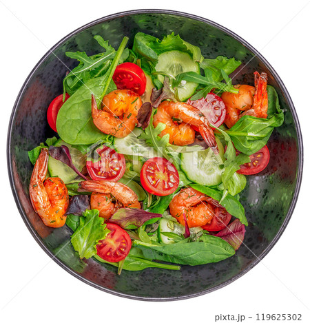 Delicious shrimp salad with vegetables. Healthy Salad with shrimp in bowl isolated on white background. top view 119625302