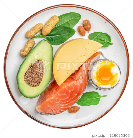 Ketogenic diet. Buddha bowl dish with Salmon fish steak egg, avocado, fresh salad and nuts isolated on white. Detox concept 119625306