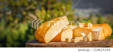 Traditional alpine cheese platter of the Alps with hard cheese. wooden plate with cheese served outside. Long banner. copy space Traditional alpine cheese platter of the Alps with hard cheese. wooden plate with cheese served outside. Long banner. copy space 119625334